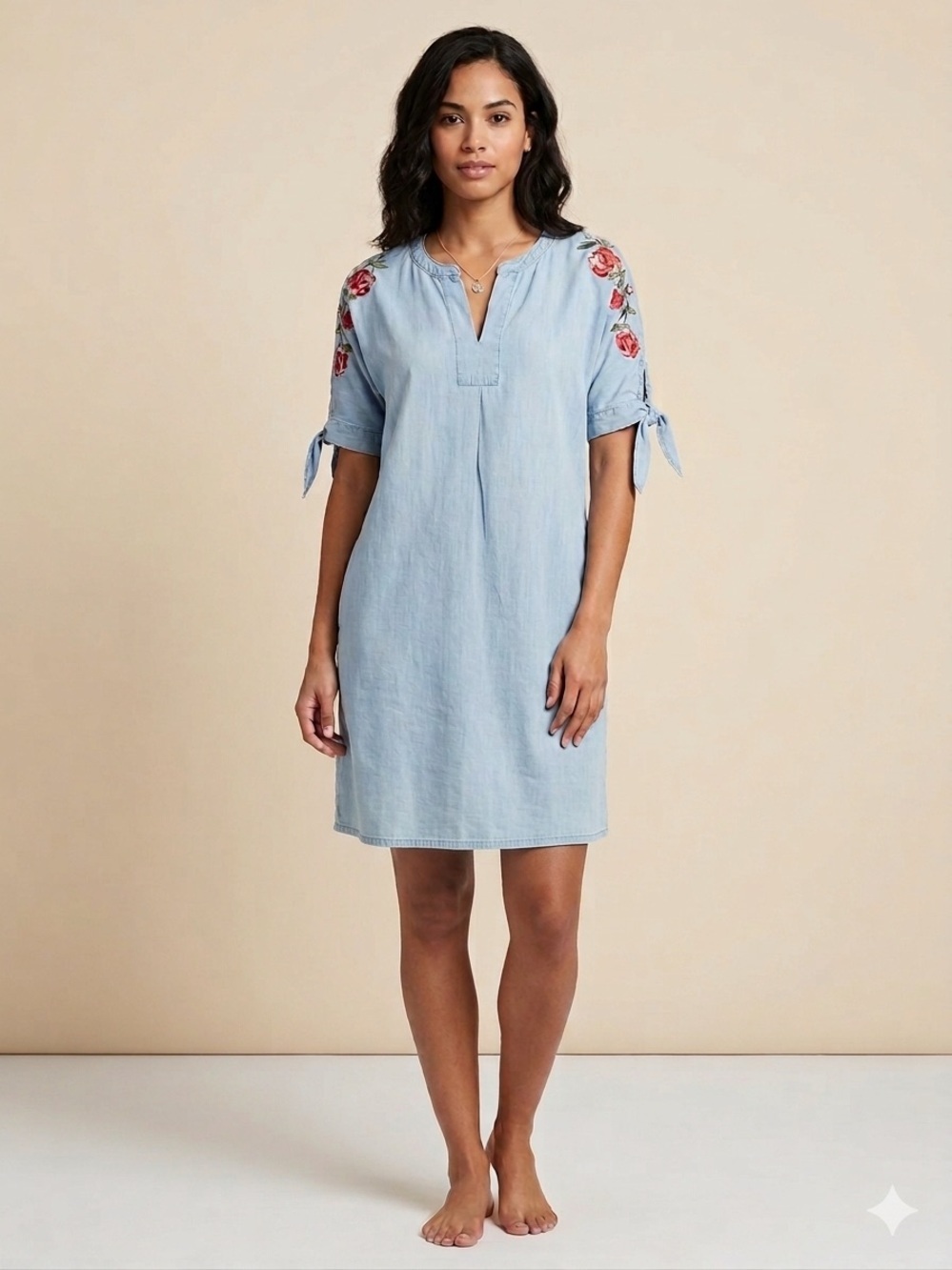 Velvet Heart Chambray dress Blue. Embroidered floral. Pockets Sz M Boho Western
